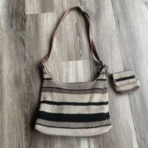 Woven Stripe Hobo Bag with Leather Strap - Beige & Black